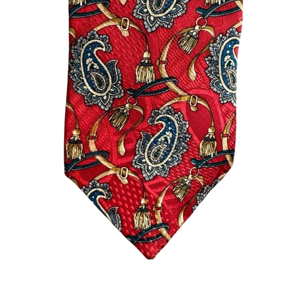 JG Hook Mens Silk Tie Red Paisley Equestrian Tassel Stirrup Print Made in USA